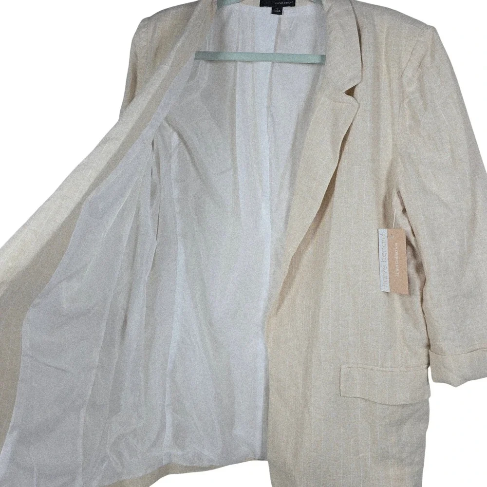 Harve Benard‎ Linen Blend Pinstripe Blazer Womens 16 Beige 3/4 Sleeve Open Front